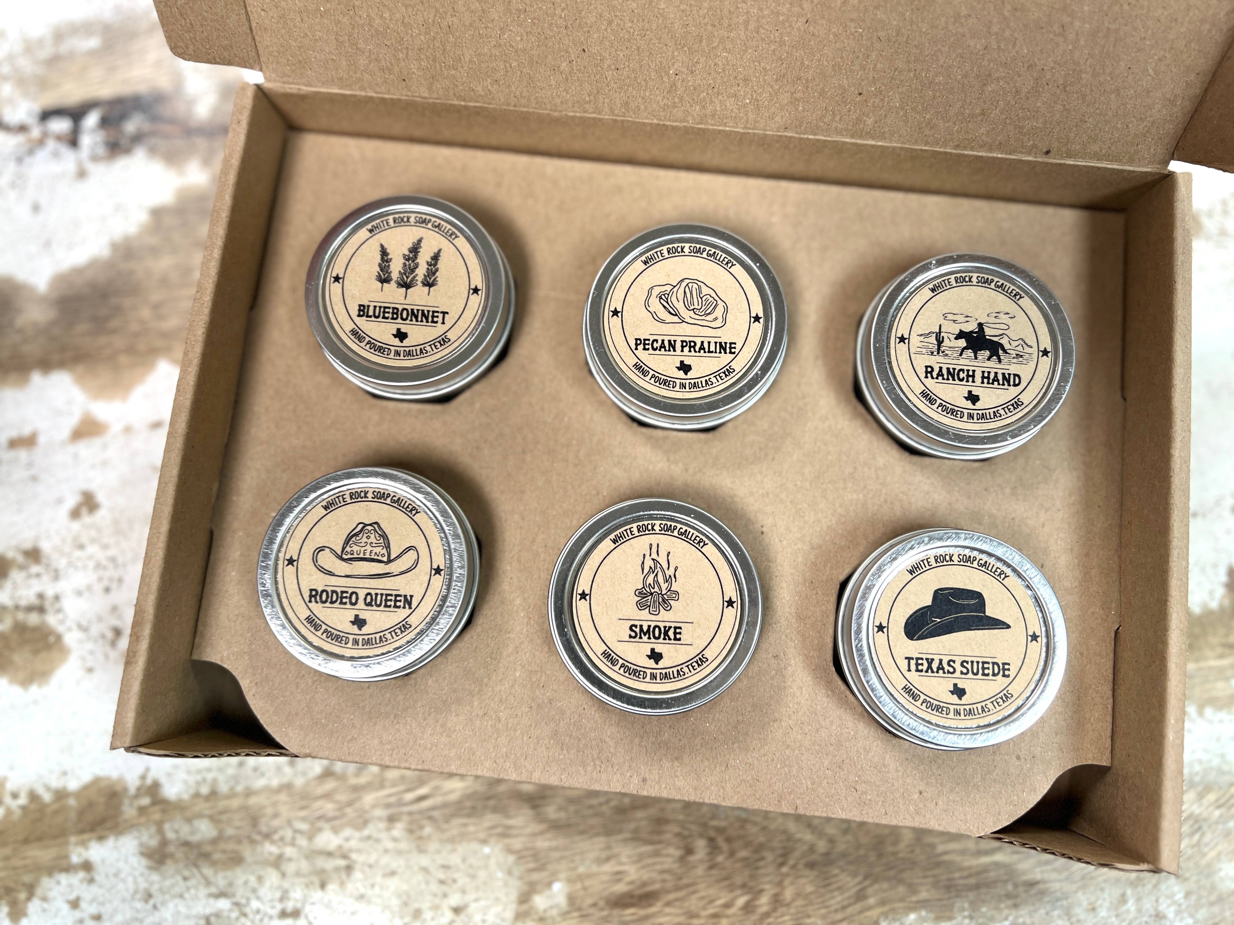 White Rock Soap Gallery - Wholesale Travel Candles - Texas-Sized Postcard - Travel Candle Gift Set1