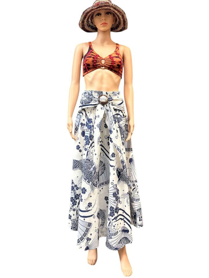 Cotton Blue Multi Print Coconut Button Skirt KTK408 for wholesale by Rising International Inc