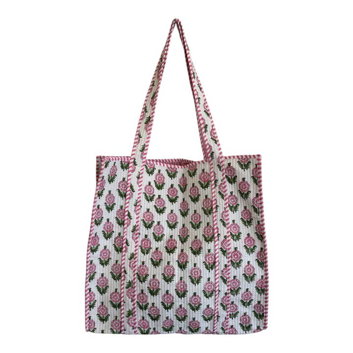 Quilted Block Print Tote - White and Pink Floral for wholesale by Golden Lily