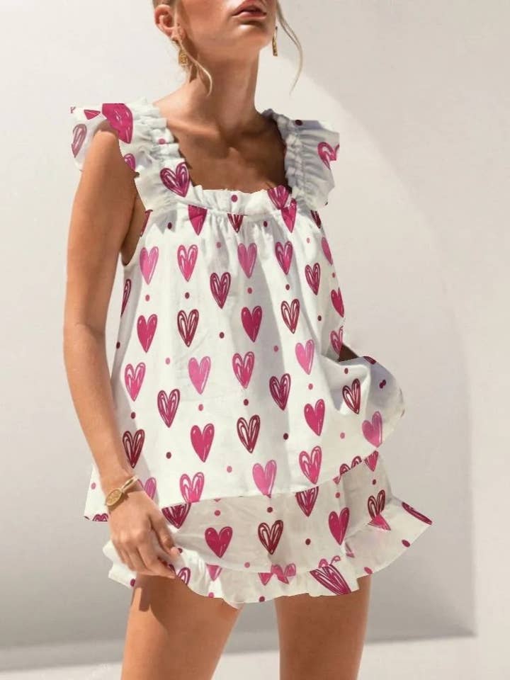 Rosa Clothing - Wholesale Top & Short Set (NOT Loungewear) - Women's - Floral & ribbon bow print ruffled tank top shorts set19