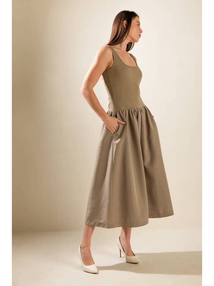 A solid knit/woven combination midi dress - FD1147 TAUPE for wholesale on Faire