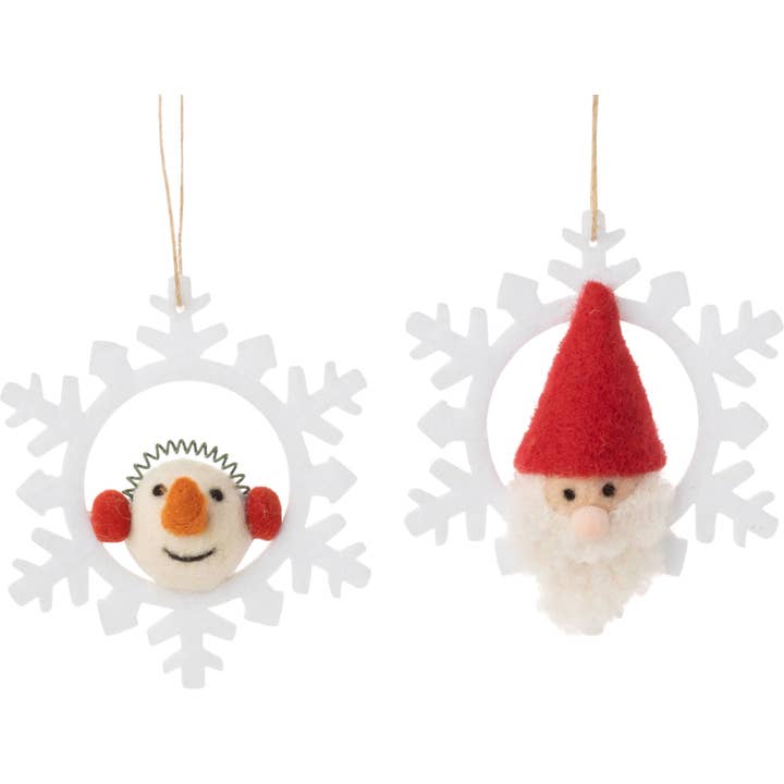 A12568 : 2 Père Noël et bonhomme de neige en feutre assortis, flocon de neige orn, 3,75 pouces pour la vente par Silver Tree Home & Holiday