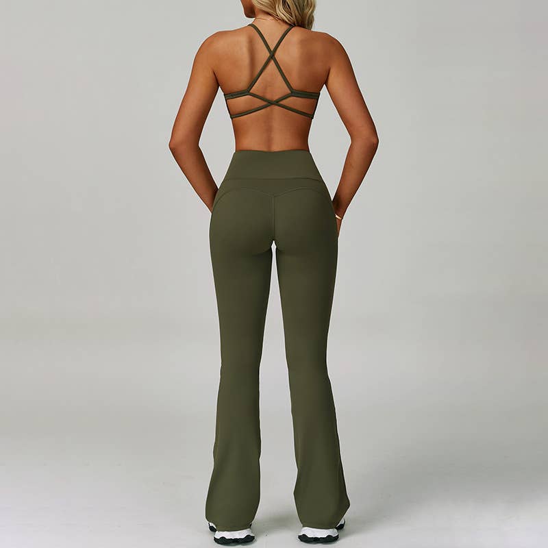 WONDERXFANS - Wholesale Activewear Set - Women's - cross back Sports Bra + Flared Leg pants 2-Piece set3