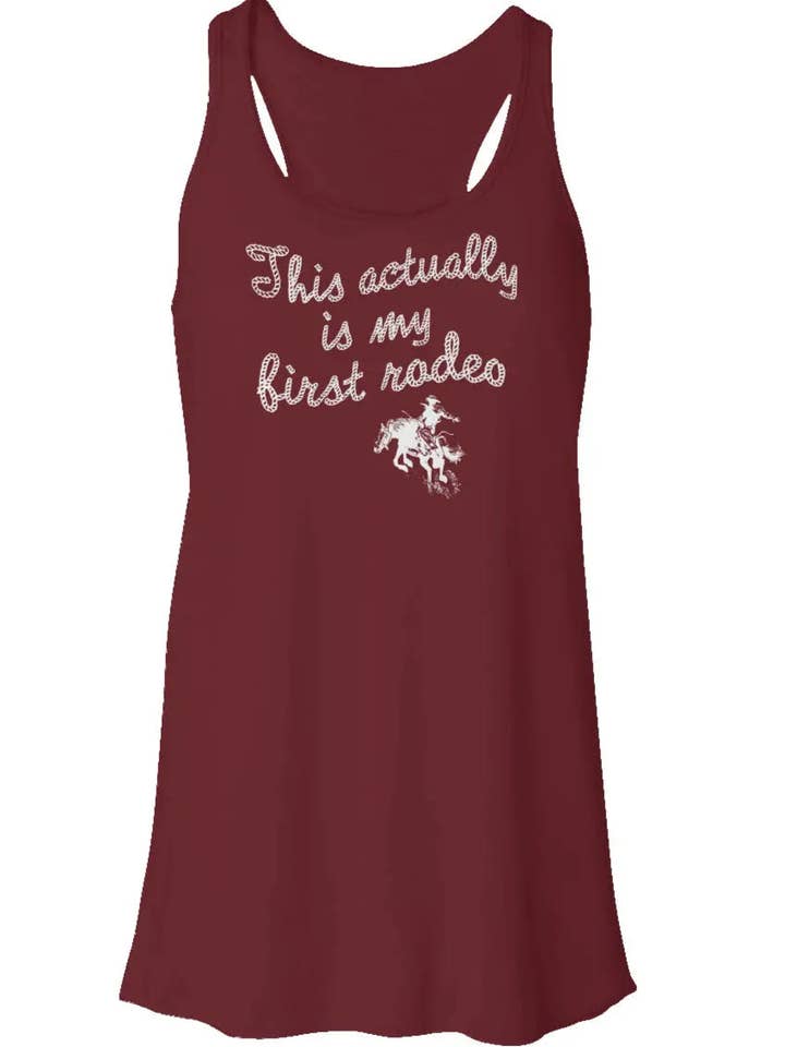 "My First Rodeo" Flowy Racerback Tank for wholesale by Amp'd Apparel Company