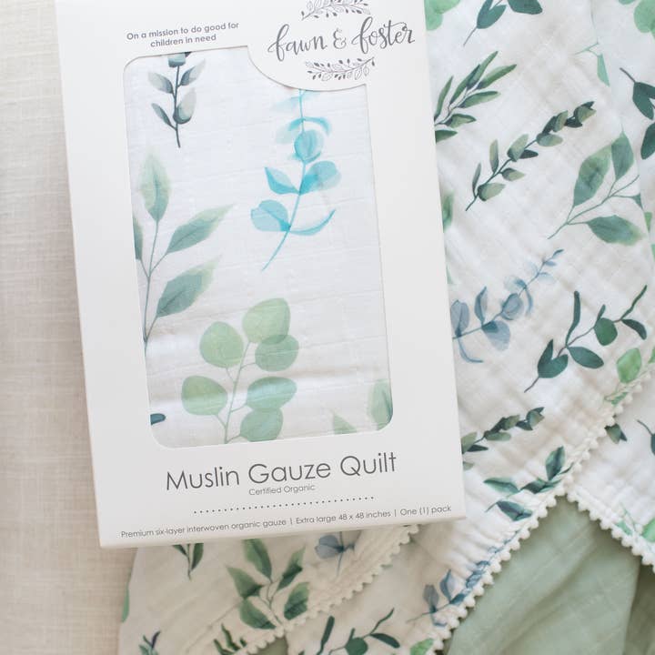 Fawn & Foster - Wholesale Quilt - Kids & Baby - Organic Muslin Gauze Quilt Baby Blanket | Sage Leaves Green2