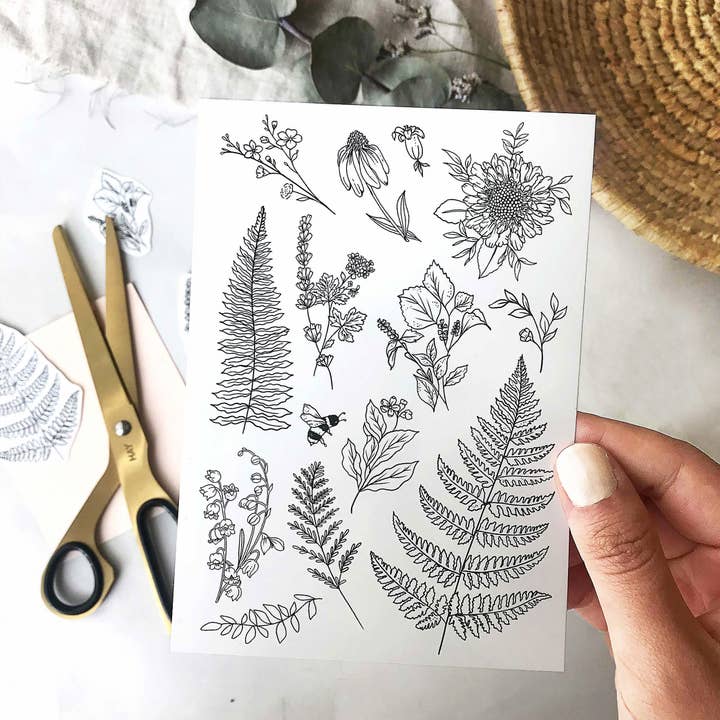 Tatouages temporaires Fougères et fleurs sauvages pour la vente par Lara Vinck