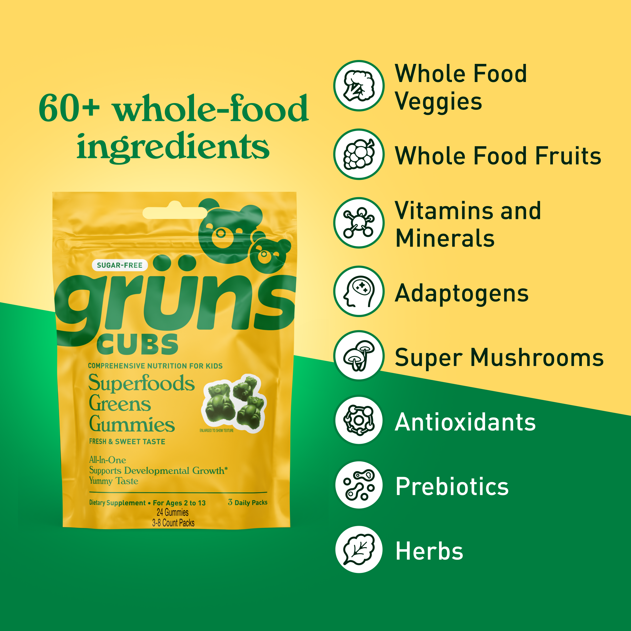 Grüns - Wholesale Oral Supplement/Vitamin - Grüns Kids Sugar Free Superfood Greens Gummies, 3 Servings2