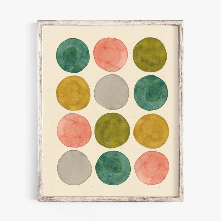 Póster decorativo para pared, diseño de puntos acuarela, color rosa y verde para venta al por mayor de Rare Bird Co. + Pauline Stanley Studio