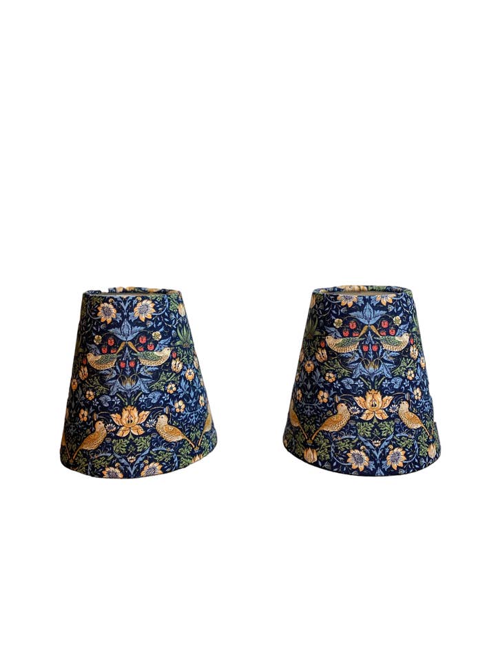 William Morris Mini Strawberry Thief Navy Fabric Sconce Chandelier Candelabra Lampshade for wholesale by LouSeal Handmade Lampshades