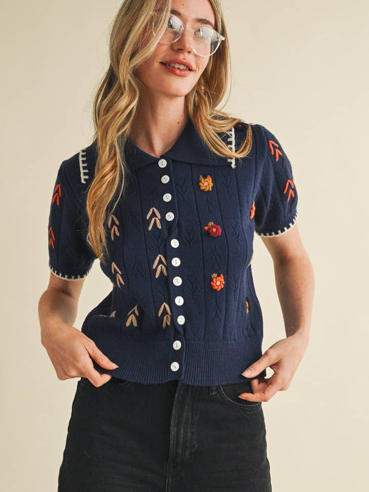 &MERCI - Wholesale Knit Sweater - Women's - HAND EMBROIDERED SHORT SLV BUTTON DOWN SWEATER MSW1095326