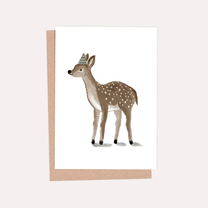 HeatherLucyJ Design – wholesale Birthday card – Fawn in a Party Hat Greeting Card1