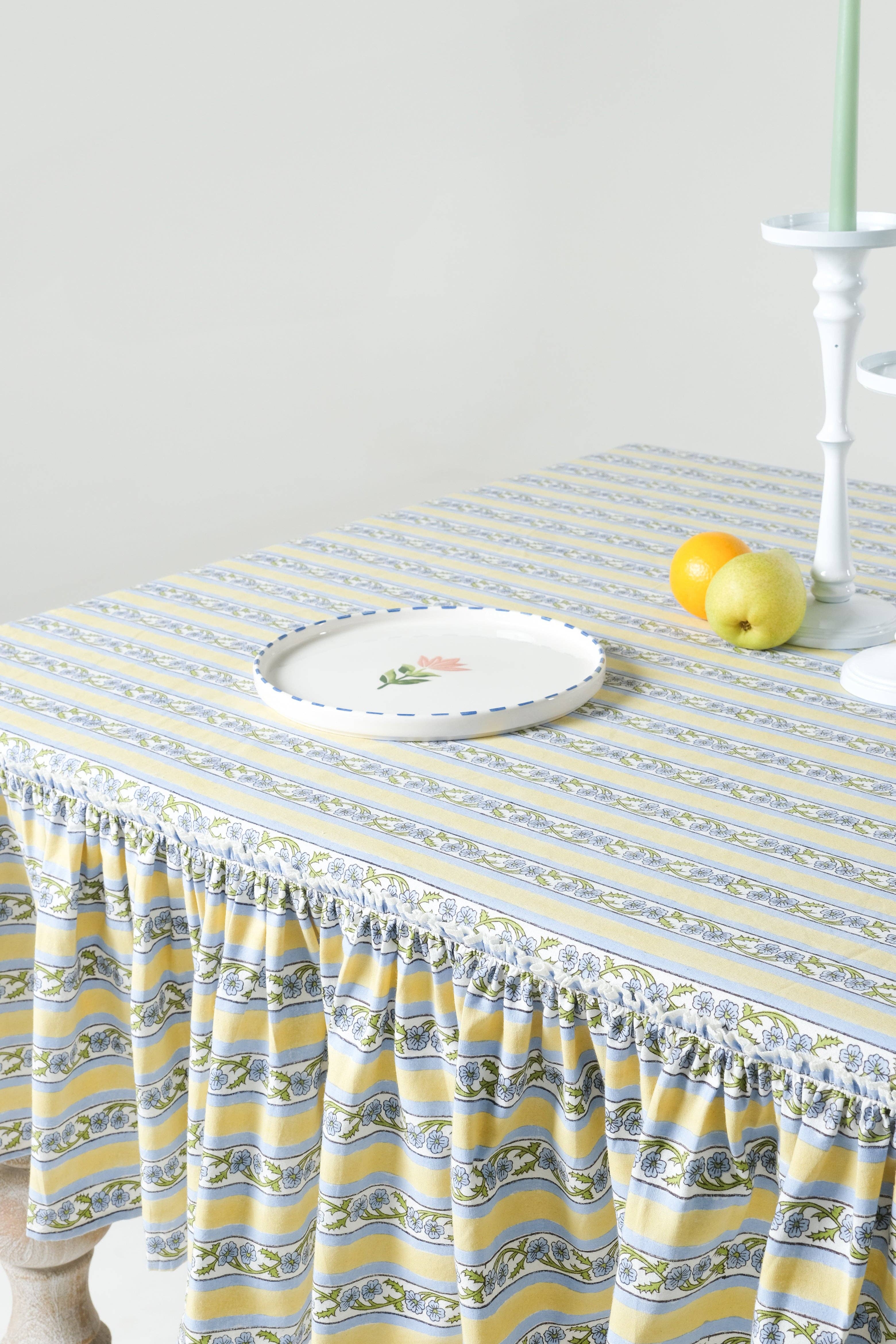 Inner Child – wholesale Tablecloth – Provence Ruffled Blockprint Tablecloth in Butter Yellow2