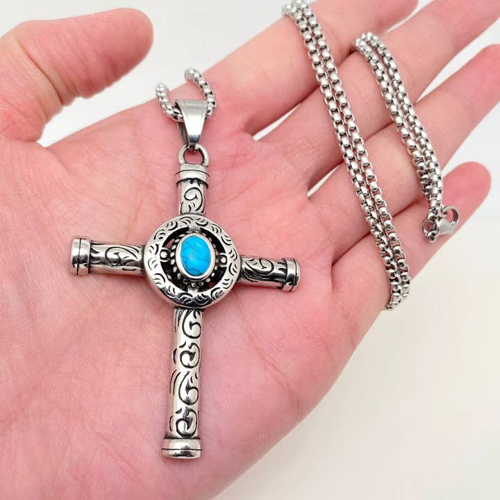 Turquoise Stainless Steel Cross Pendant Necklace - MJ/MNP for wholesale by Mio Queena
