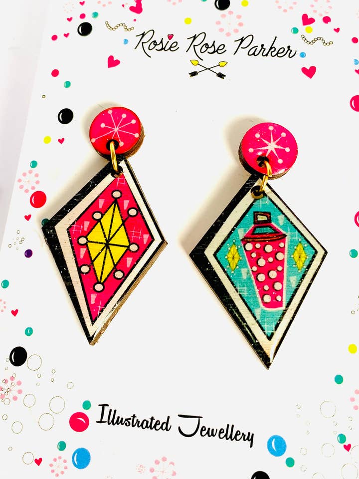pendientes atómicos, pendientes retro, llamativos, coloridos para venta al por mayor de Rosie Rose Parker