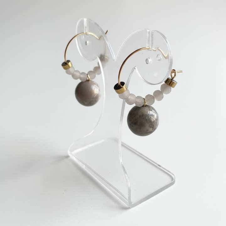 Gist Jewellery - Wholesale Hoop earrings - CSTE07 - Natural Fossil Coral & frosted glass Crystal Hoops - Grey, Tan3