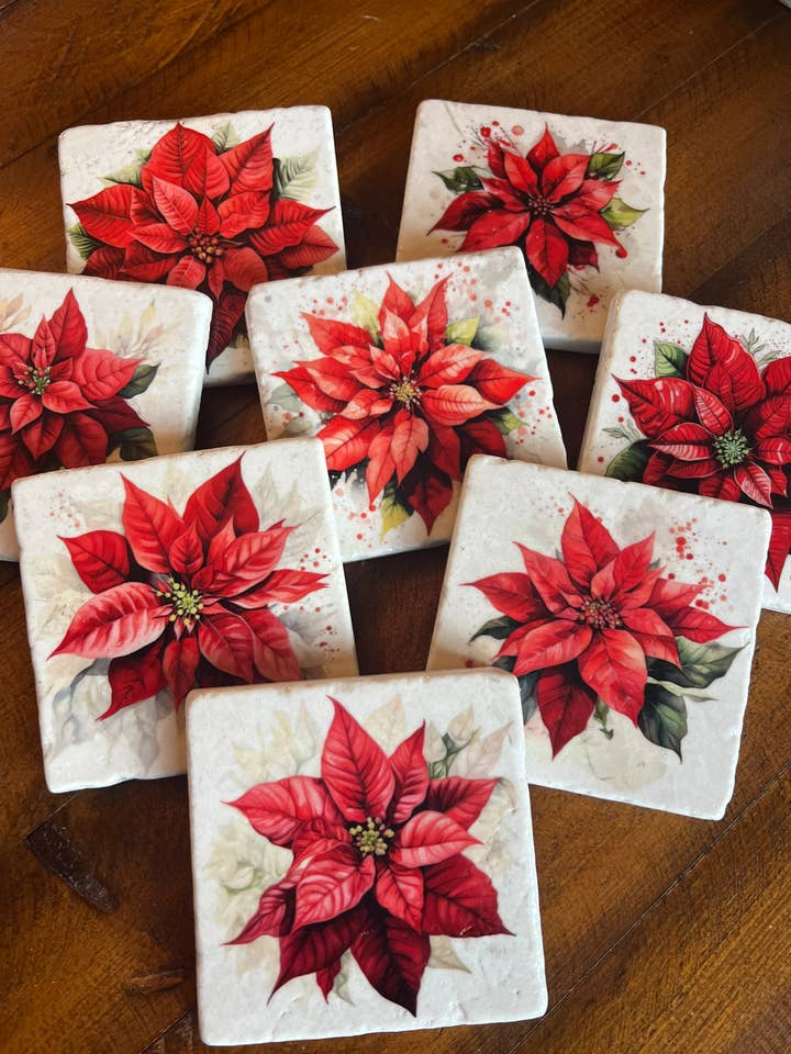 Holiday Poinsettias stone coasters - case of 8 for wholesale by The Painted Lily