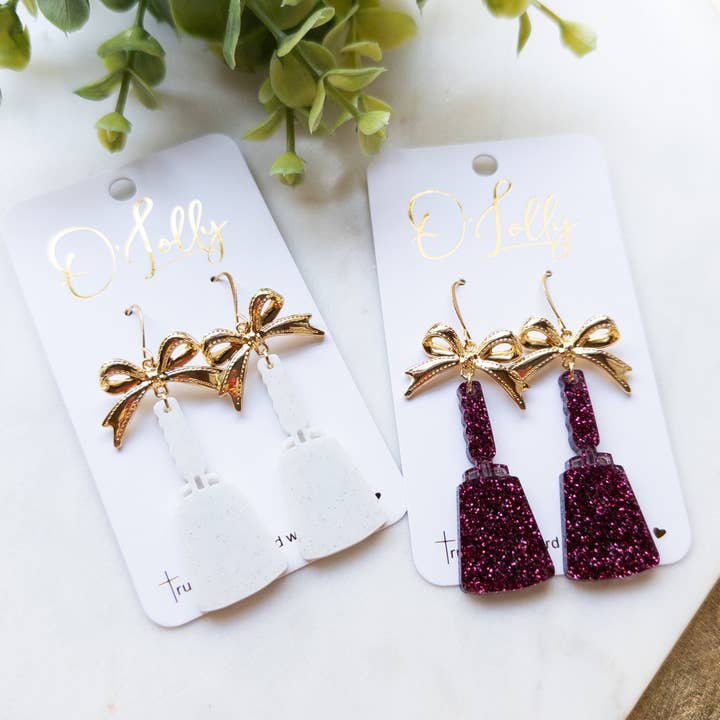 O’Lolly Jewelry - Wholesale Dangle Earrings - White or Maroon Acrylic Glitter Cowbell w/Gold Bow (SALE)1