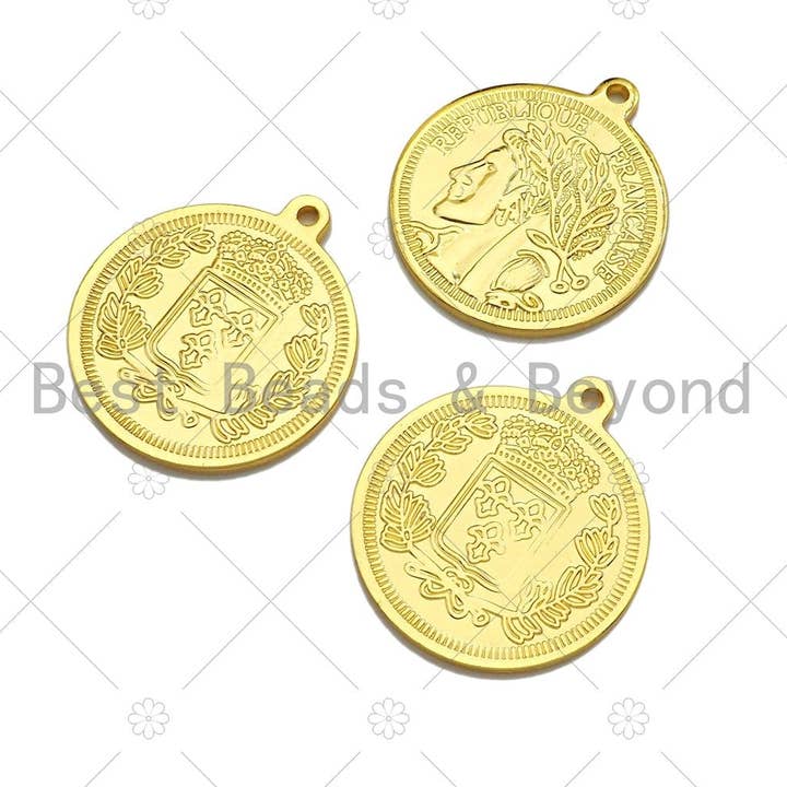 18k Gold Embossed Coin Charms, Medallion Charms Pendant, Round Necklace Charms, 29x25mm, Sku#Y376 for wholesale by BestBeads&Beyond