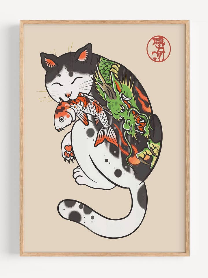 Tattoo Kat met Draak & Koi – Japans-geïnspireerde Kunstprint I135-110 voor wholesale door Peardrop Prints