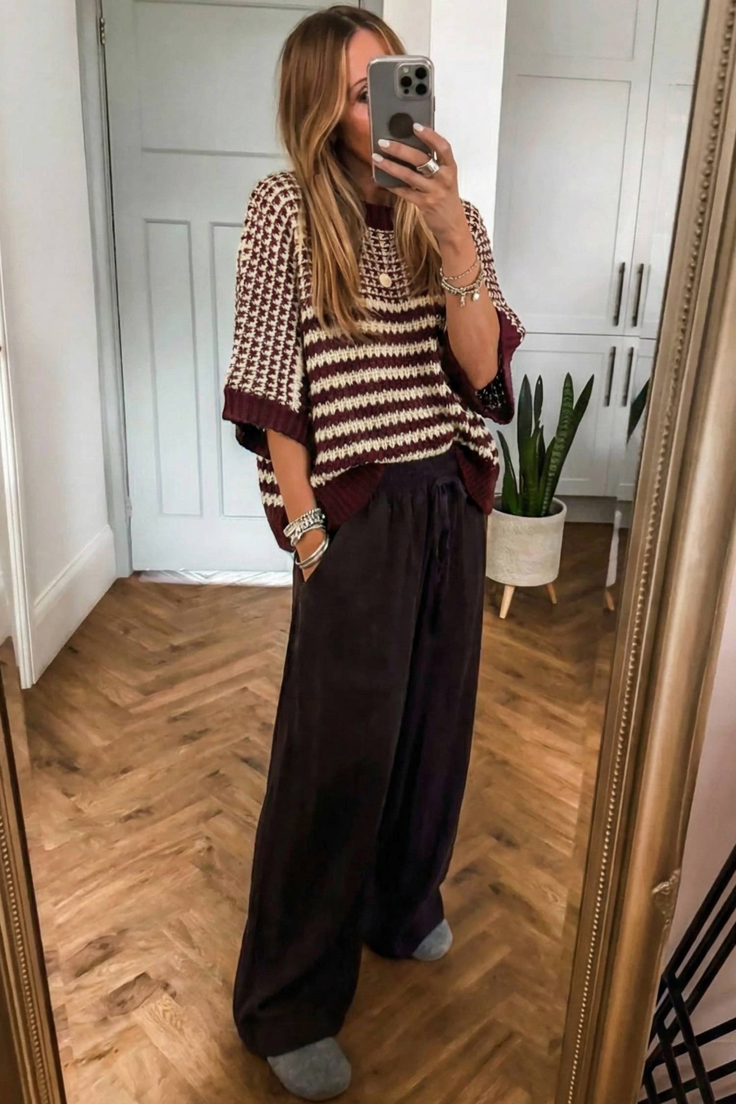 Suhkasana - Wholesale Knit Sweater - Women's - Red Striped Slouchy Knit Sweater with 3/4 Draped Sleeves11