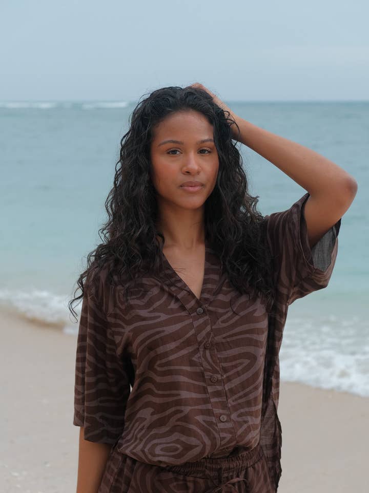 Sidney Chocolate Zebra Print Shirt for wholesale by AMIRA Collective