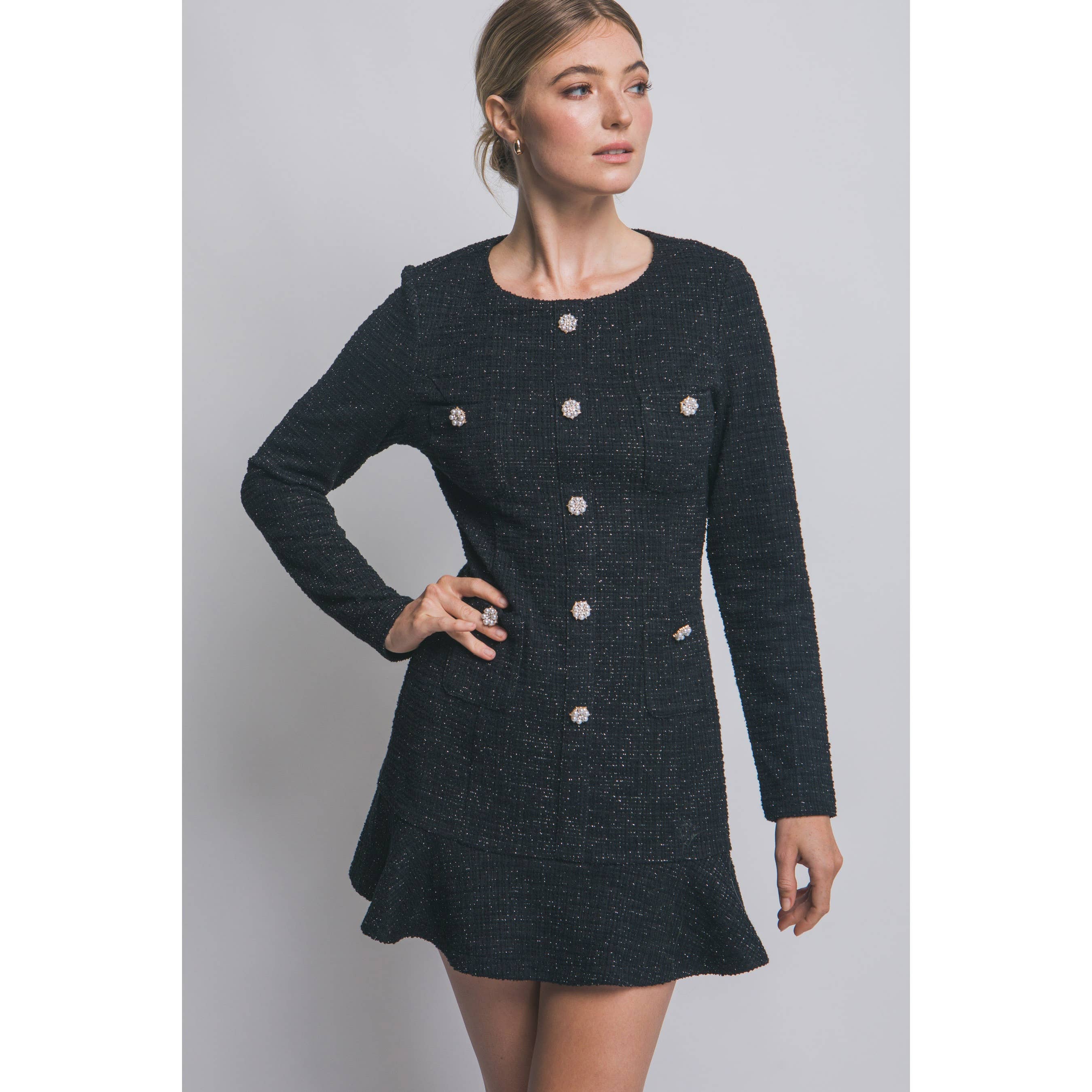 Paperdoll - Wholesale Dress - Women's - Long Sleeve Tweed Single Breasted Dress1