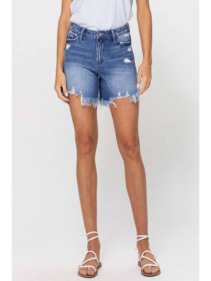 HARMONIOUS HIGH RISE SIDE SLIT FRAYED HEM SHORTS V2769 for wholesale on Faire