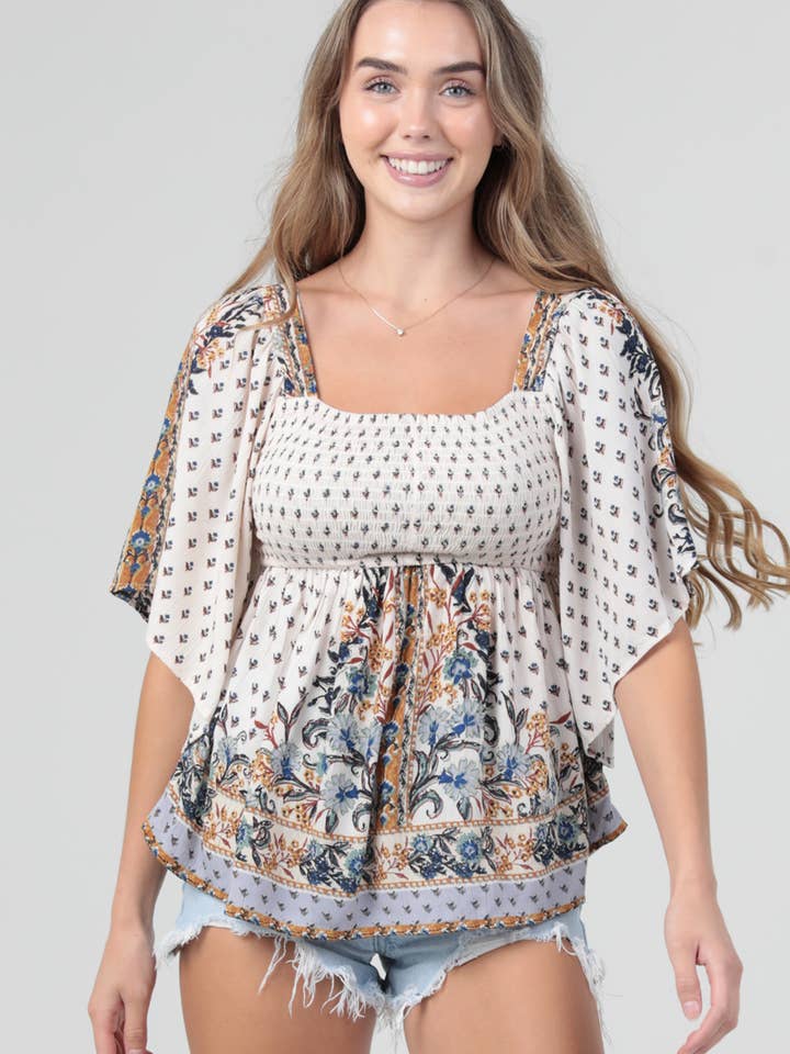 C2595-A940 SMOCKED BUST KIMONO SLEEVE BLOUSE for wholesale by ANGIE