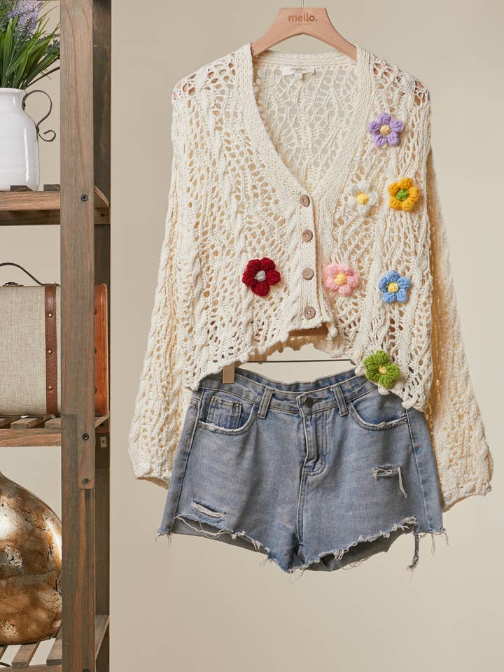 Floral Crochet Cardigan with Button Closure for wholesale by Mello.