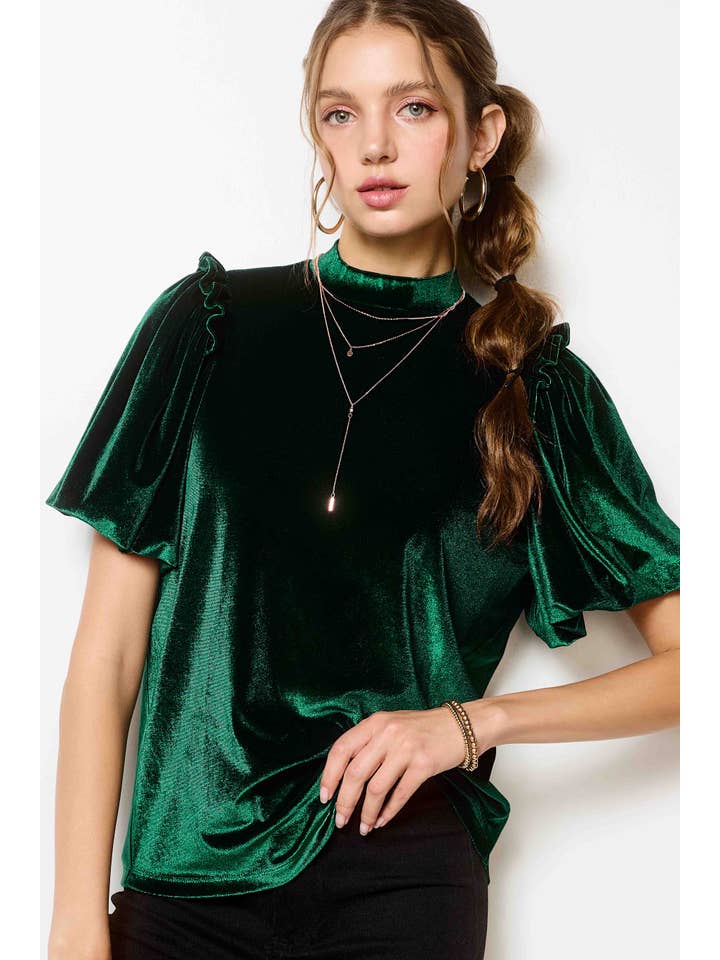 La Miel - Wholesale Blouse - Women's - HCT7681-Velvety Puff Fall Winter Short Sleeve Top