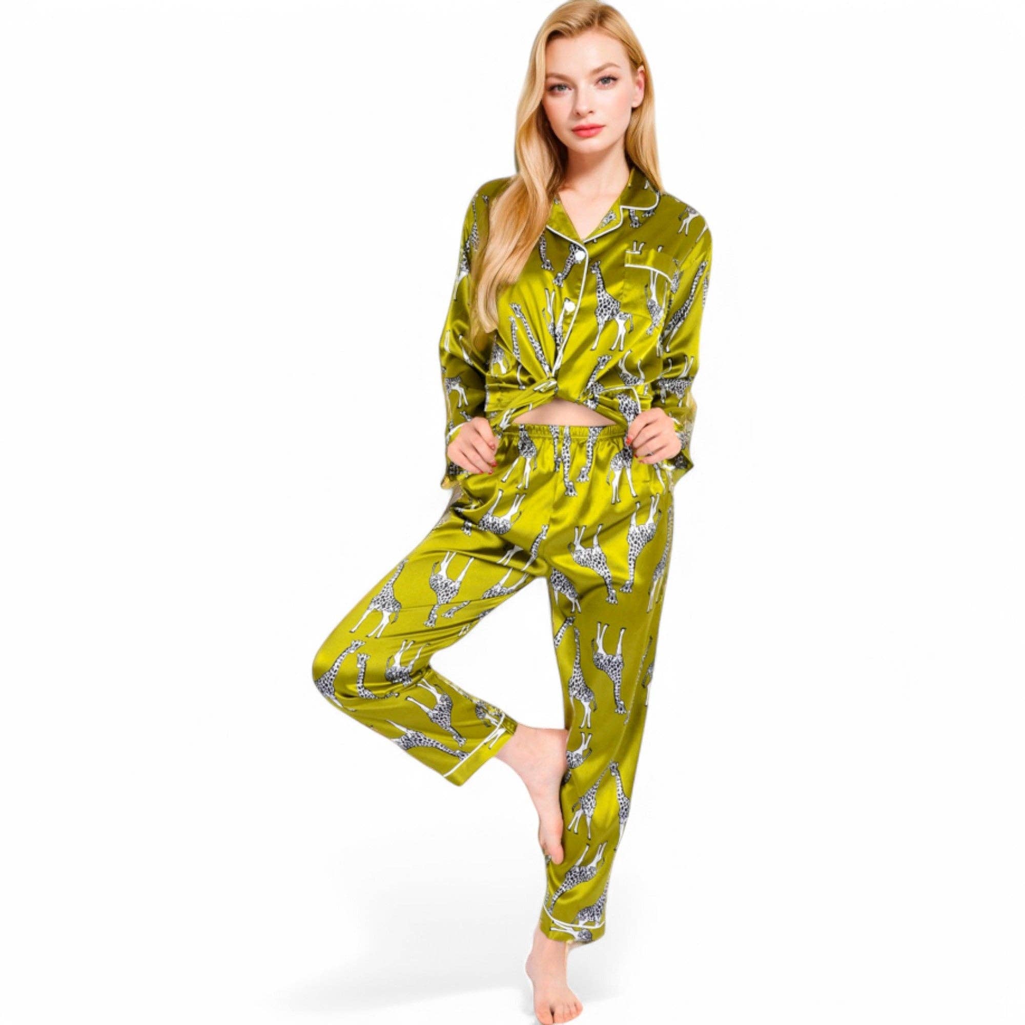 Yellow Satin Pajama Set with Giraffe Print and Button-Down Top for wholesale on Faire3