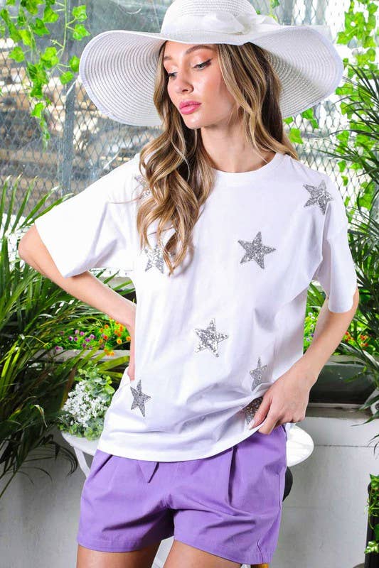 Vine & Love - Wholesale Knit Top - Women's - Star Sequin Crew Neck 100%Cotton Knit Top VT816177