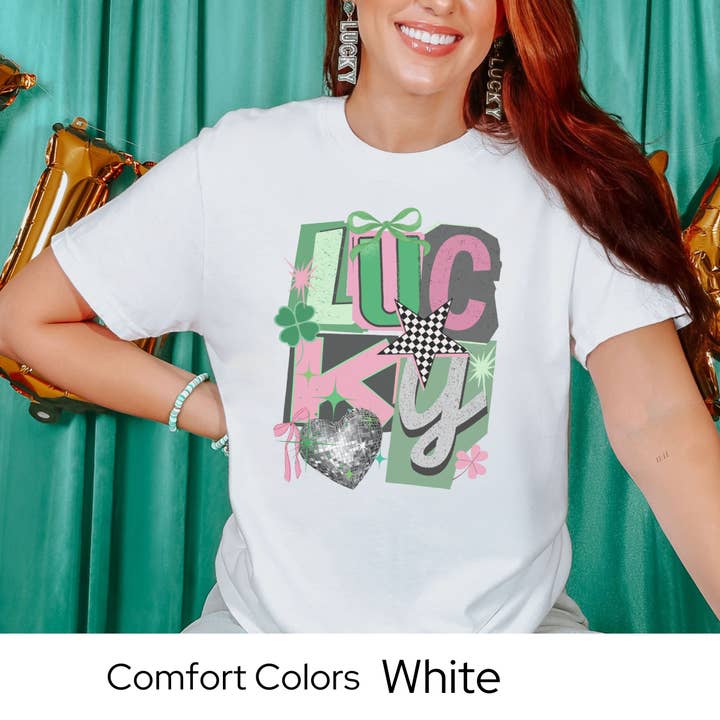 St. Patrick's Day Grafisch T-shirt, Lucky Collage Tee, Trendy Groen St. Patrick's Shirt voor Vrouwen, Maart Outfit Comfort Colors 1717 voor wholesale door The Boutique by Sarah