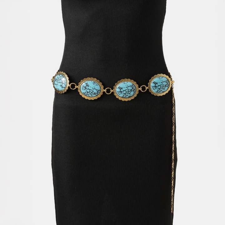 Western Turquoise Stone Oval Concho Disc Chain Belt for wholesale by Collections by Fame Accessories