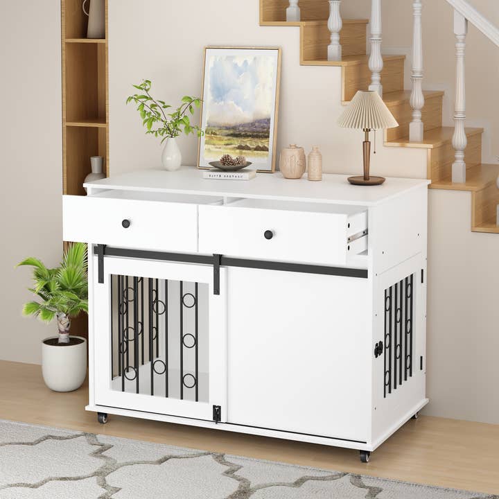 39F Inc. - Wholesale Pet Carrier - Dog - 39.37'' Wooden Dog Crate with Drawers & Barn Door White2