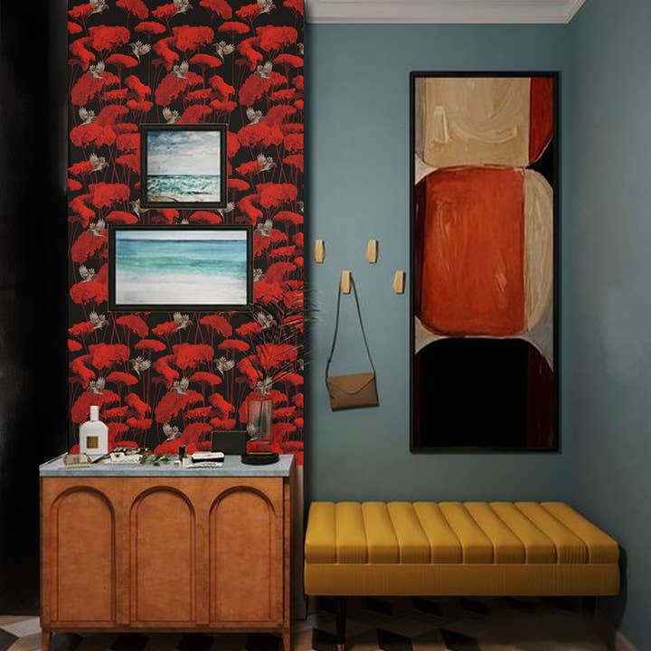 Daria Petrilli - Wholesale Wallpaper - BIRD ON RED ACHILLEA FLOWE - WALLPAPER