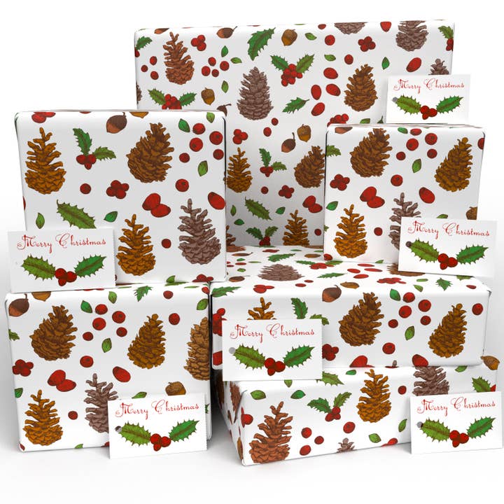 Christmas White Pine Cones Wrapping Paper • ECO Friendly for wholesale by Re-wrapped