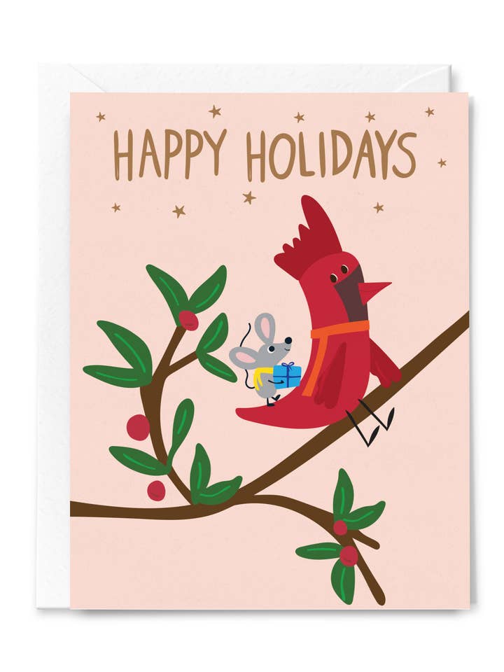 Happy Holidays – Cardinal & Mouse Holiday Card for wholesale by Happy Just Happy