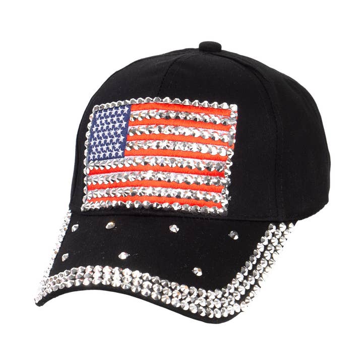 Casquette noire avec drapeau américain et accents en strass argentés pour la vente par Timmy Woods Beverly Hills