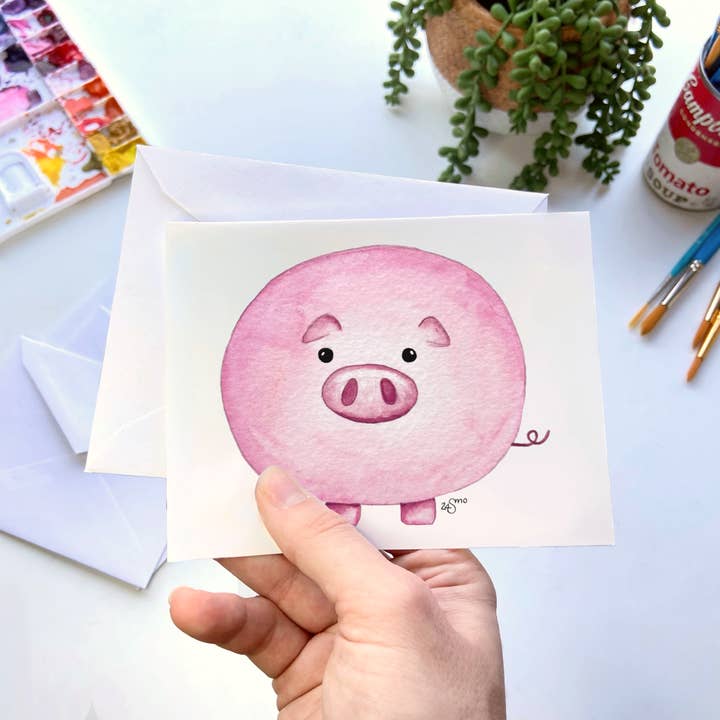 Grisekort – Sød bondegårdsdyrpapirvarer for engroshandel hos Owlfeathers Watercolor