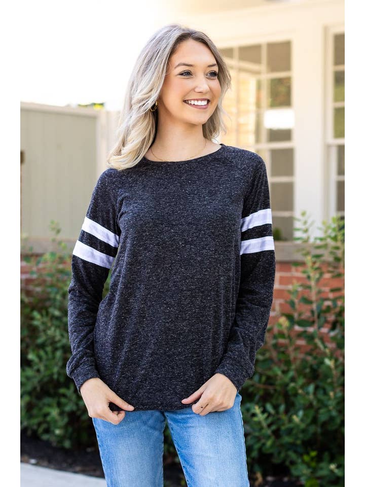 Blank Black Longsleeve with Varsity Stripes for wholesale on Faire