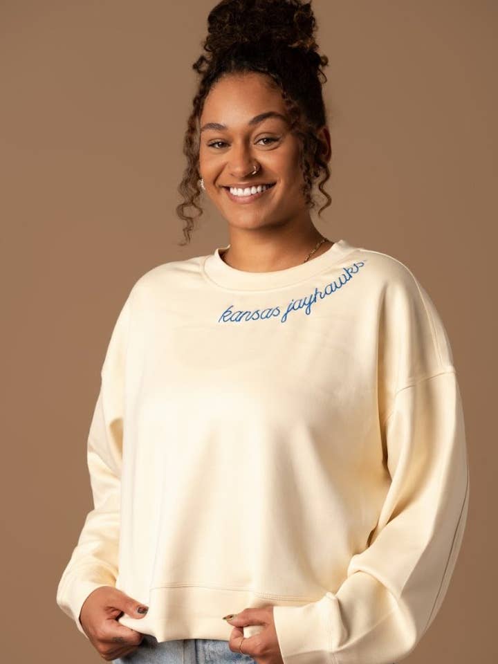 Kansas Jayhawks Embroidered Supersoft Crew for wholesale by Fan Girl Clothing