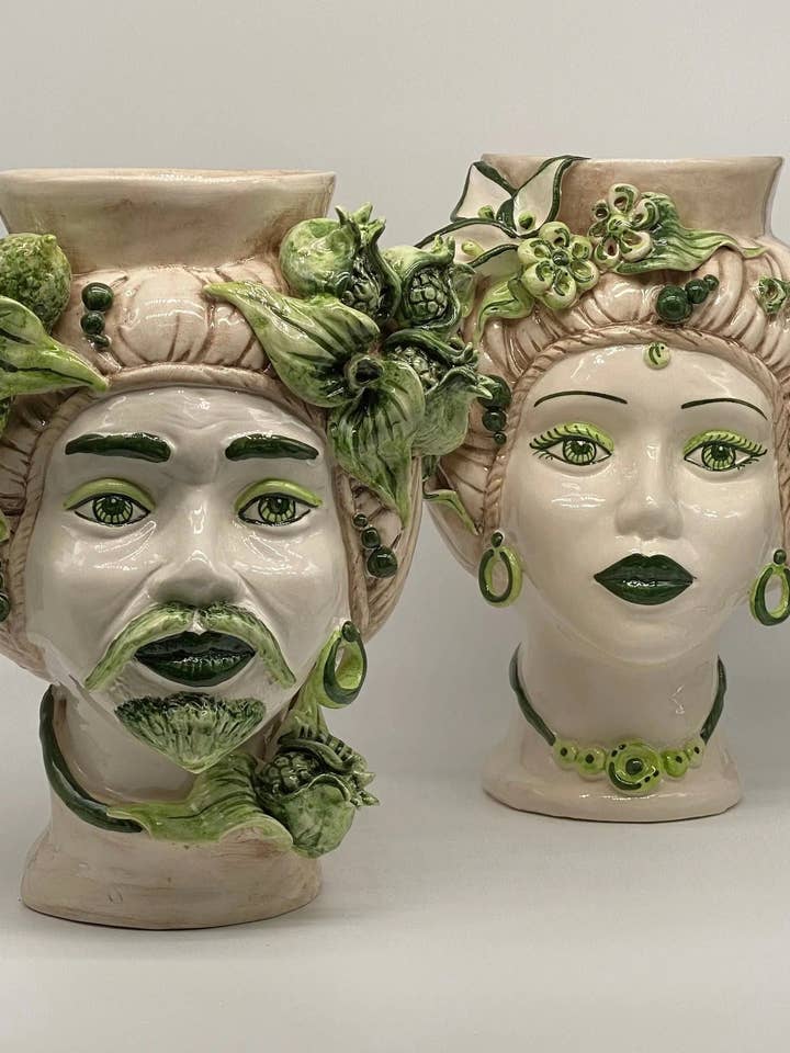 Mediterranean Moor Heads Caltagirone Ceramic cm H.29 L.22 Handcrafted Bicolor Green for wholesale by DD Ceramiche Siciliane