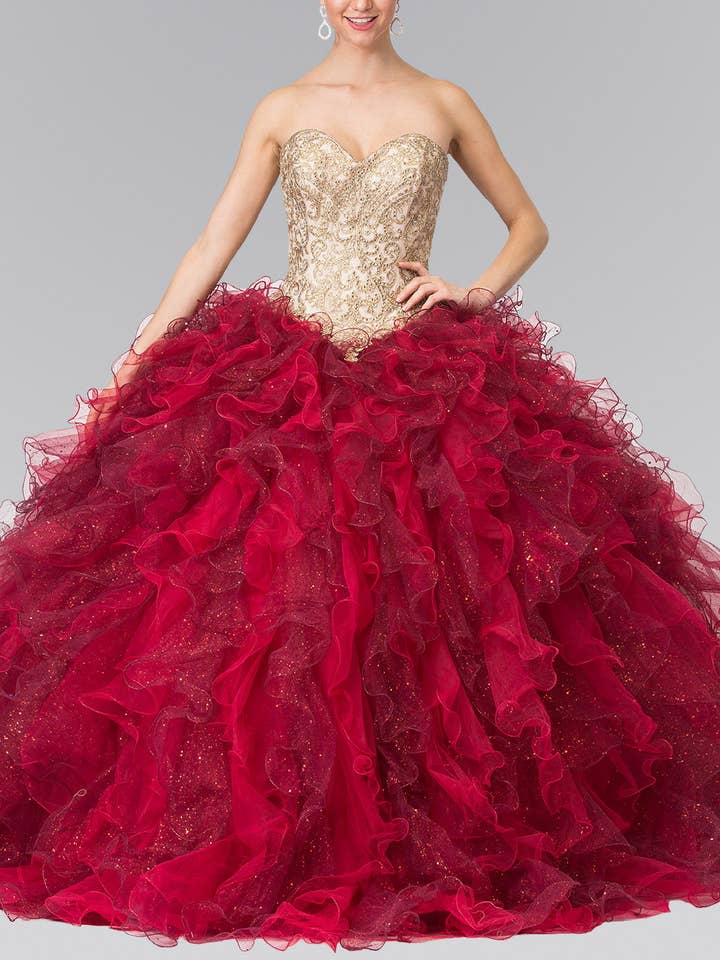 Burgundy Beads Embellished Embroidery Tulle Ruffled Quinceanera Dress with Bolero for wholesale on Faire0