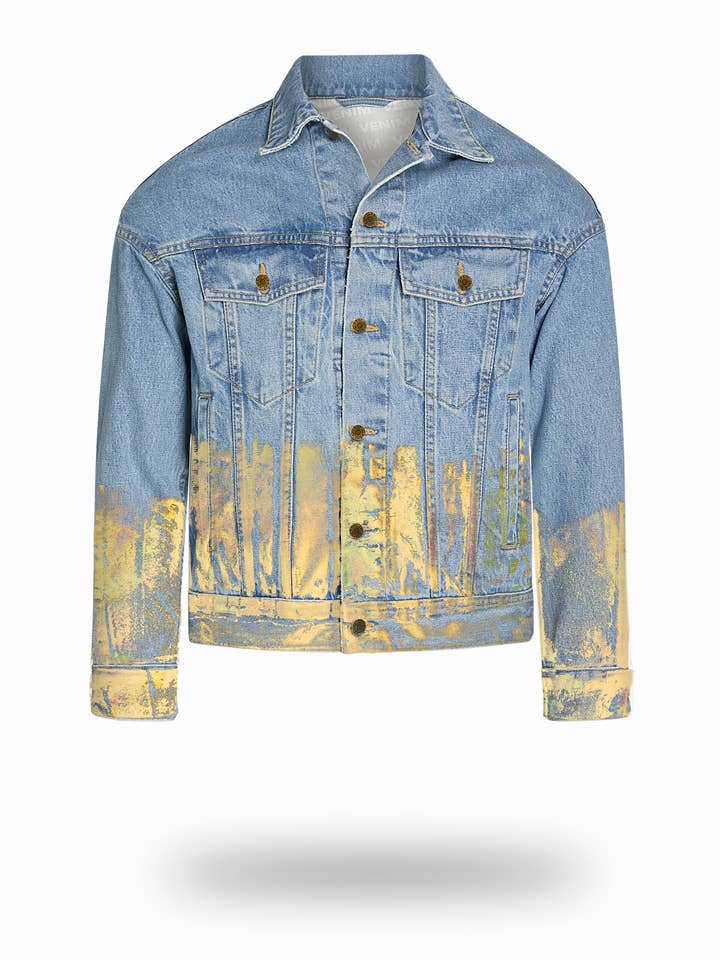 Shorter Light Wash Denim Jacket with Gold Holographic Foil for wholesale by VENIM