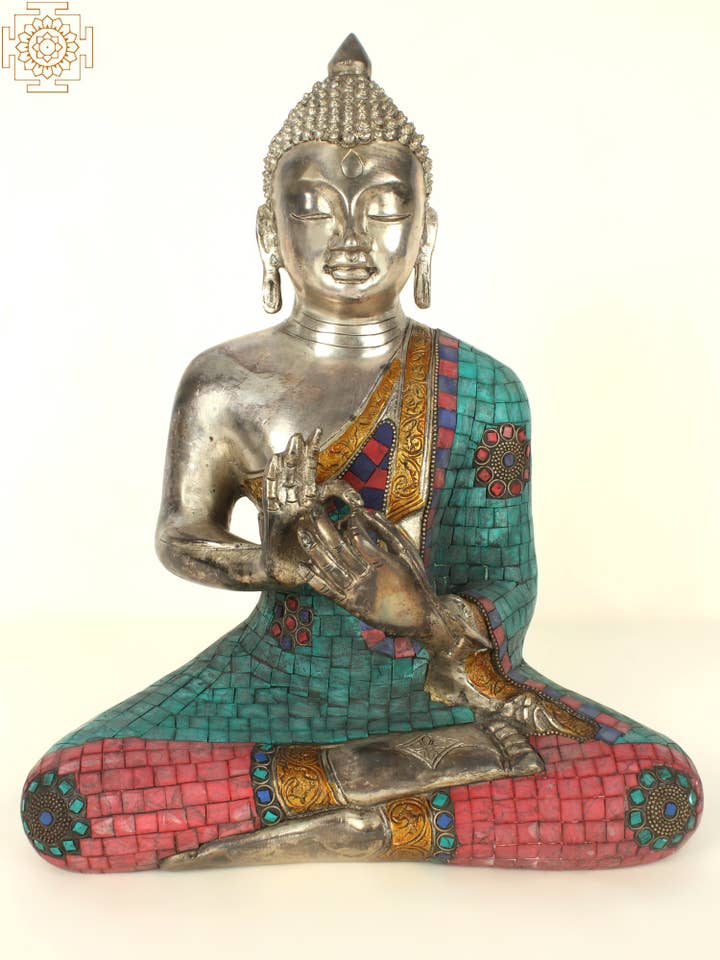13" Buddhist Lord Buddha in Dharmachakra Mudra In Brass for wholesale by Exotic India Art