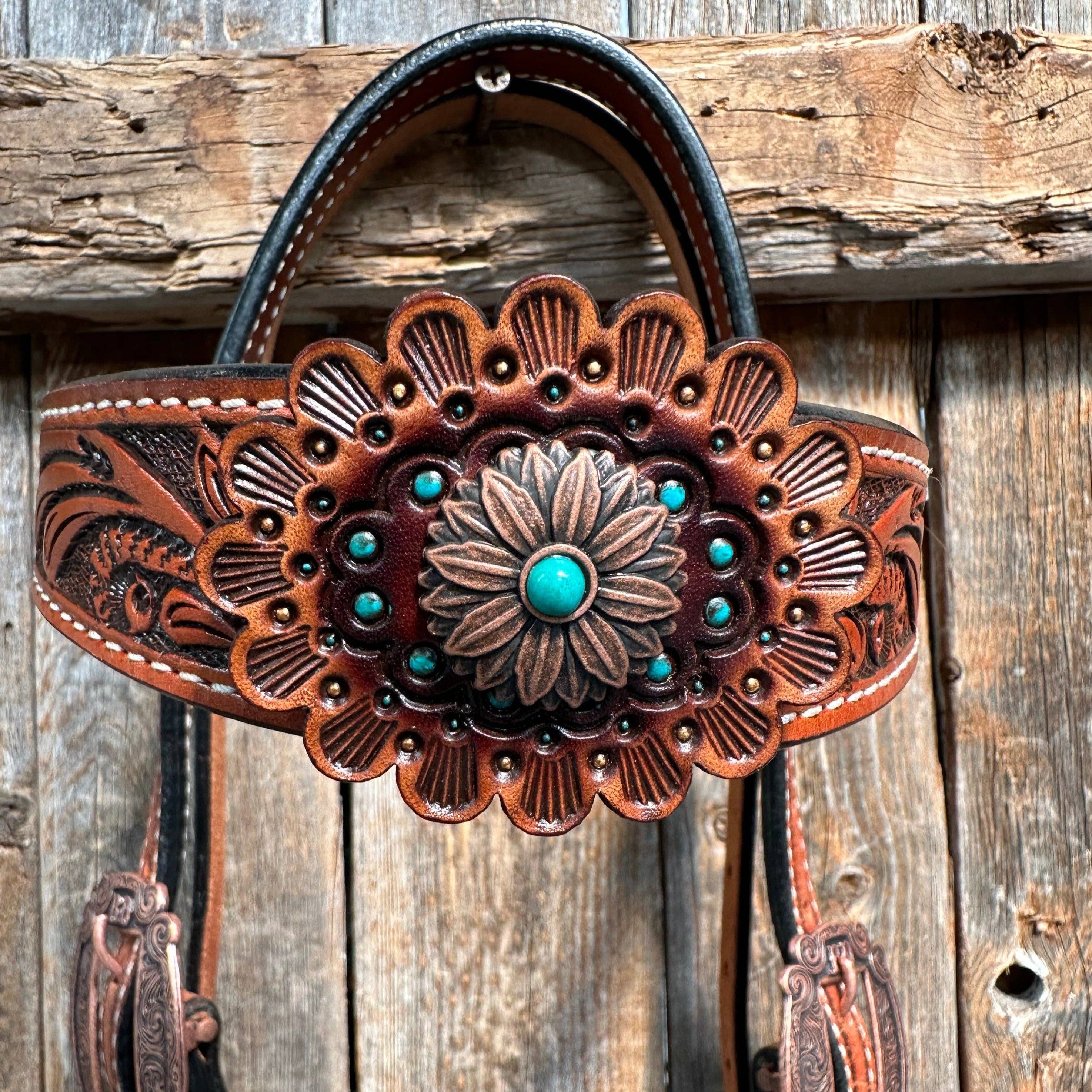 Rodeo Drive – wholesale Horseback riding gear – Honey Colored Floral Copper and Turquoise Tack Set #BBBC5296