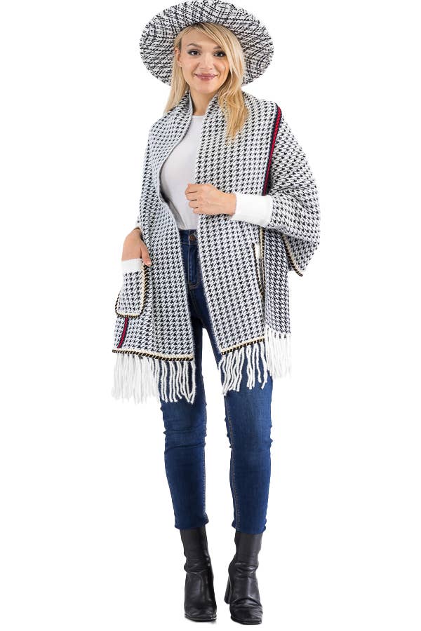 Cap Zone - Wholesale Poncho - Women's - Narrow Tri-Stripe Houndstooth Cardigan Sweater Poncho5