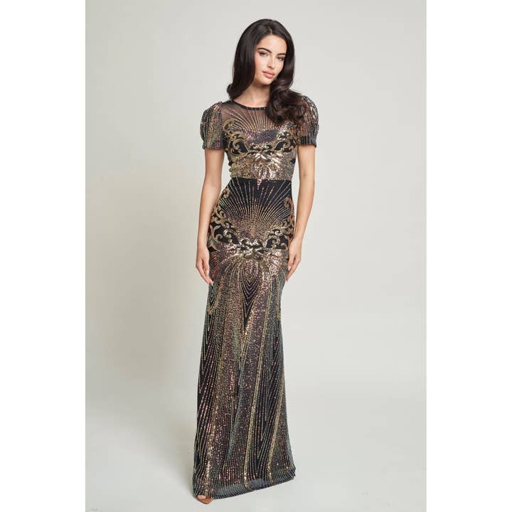 GLAM DRONNING ART DECO PAILLETTER MAXI KJOLE for engroshandel hos CEFIAN FASHION