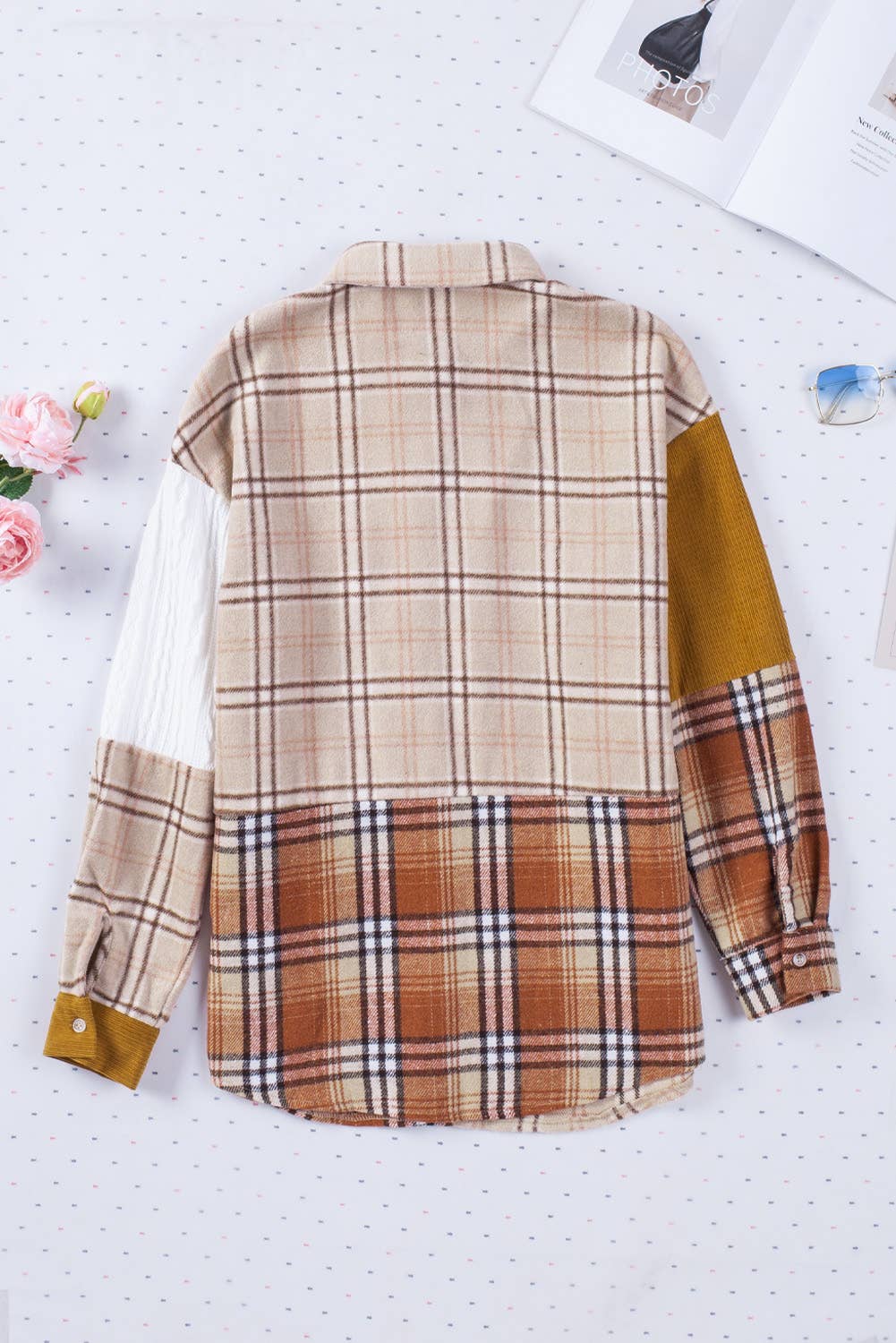 MULTI Plaid Color Block Patchwork Shirt Jacket with Pocket for wholesale on Faire1